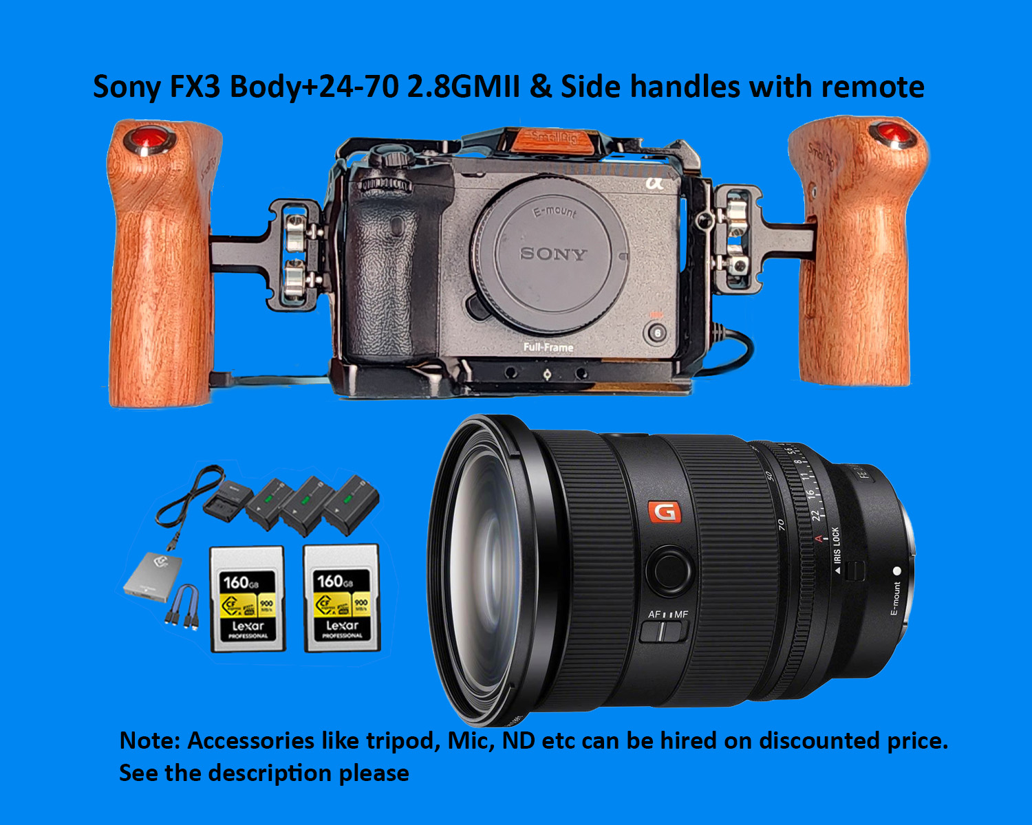 Sony fx3 plus sony fe 24-70 2.8gm ii and small rig side handles with remote recording