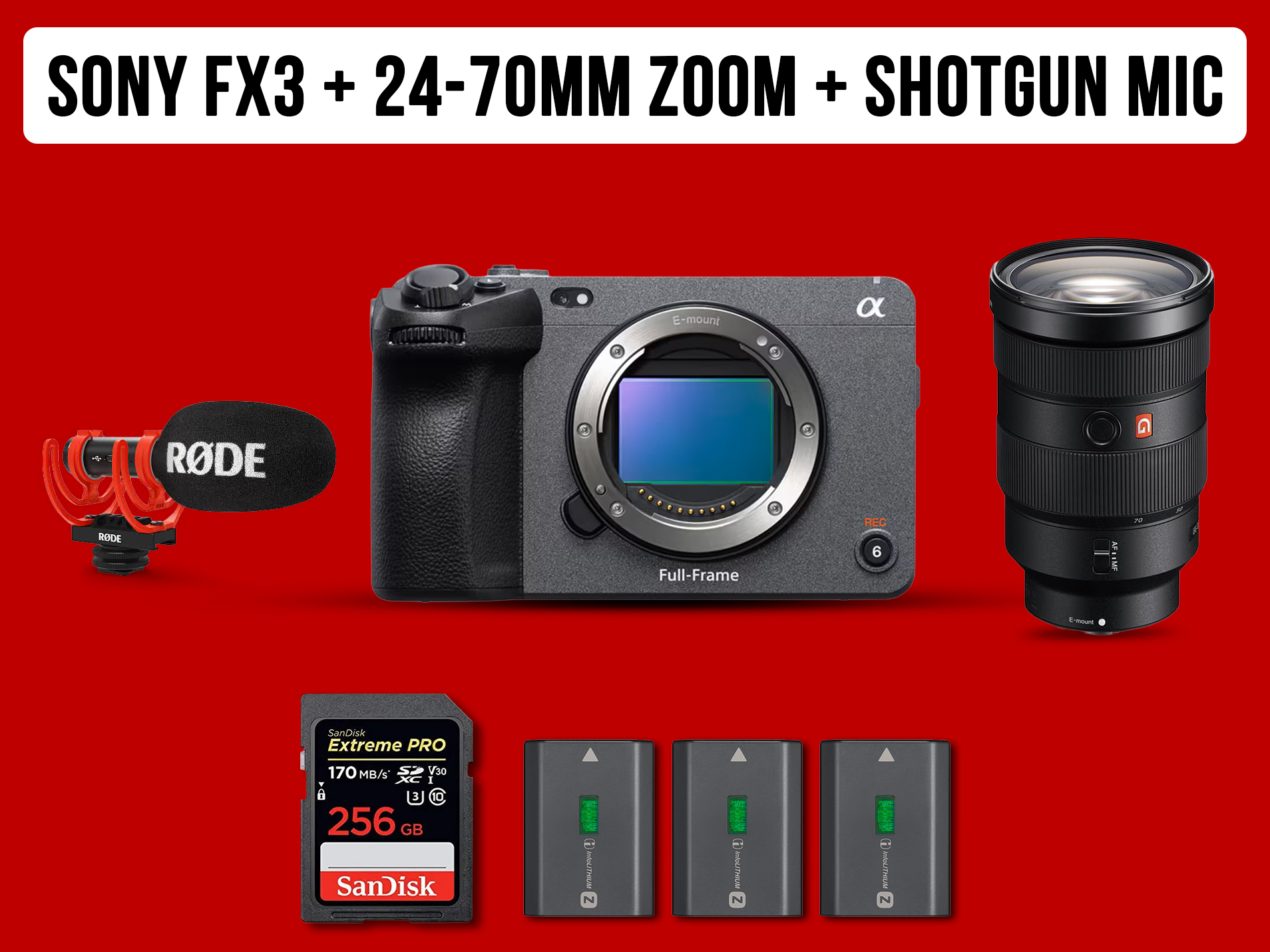Sony fx 3  full frame + 24-70mm g master zoom lens + rode videomic go ii