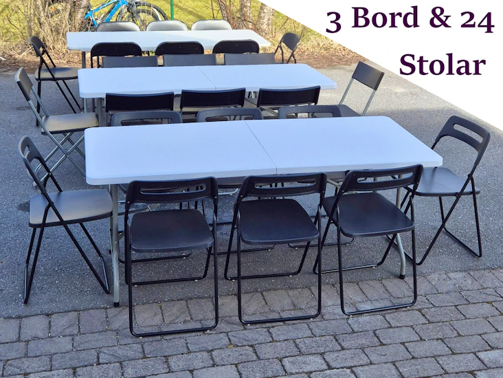3 fällbord och 24 klappstolar