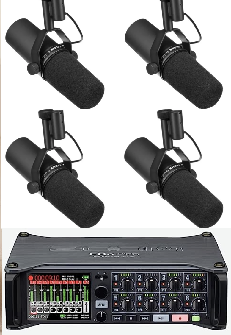 X4 podcast mics (shure sm7db), zoom f8n pro recorder set up (podcast bounle) 
