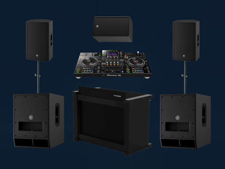Pioneer xdj-xz + yamaha dzr12 pa + dxs12 subs + dj booth – full professional dj package