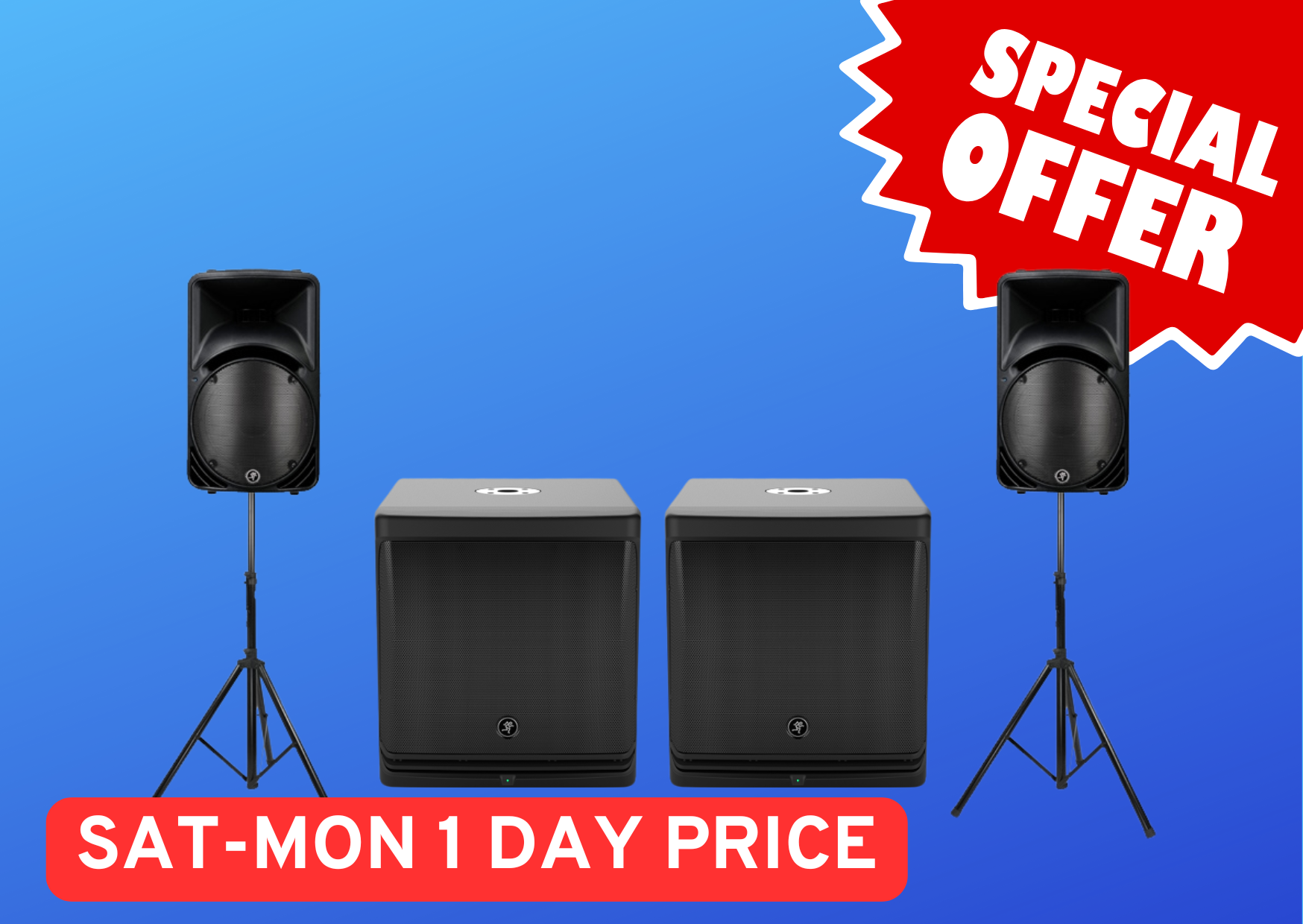 2x mackie speaker + 2x subwoofers pa system, special offer weekend hire