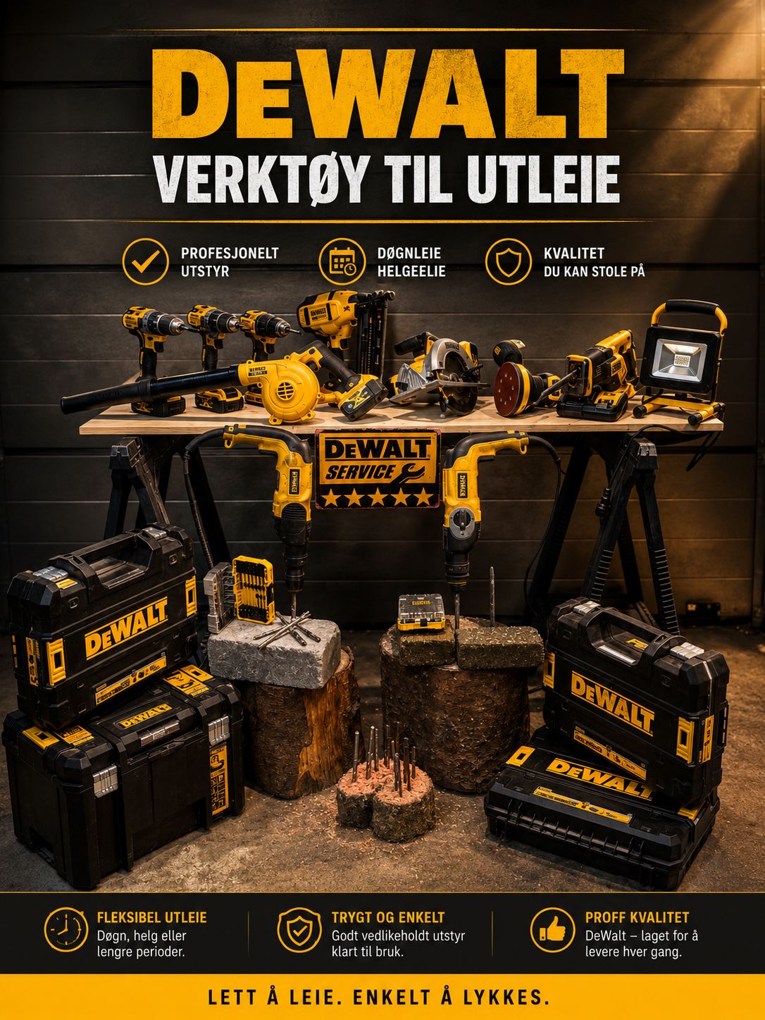Div dewalt og andre verktøy leies ut, med batteri og lader