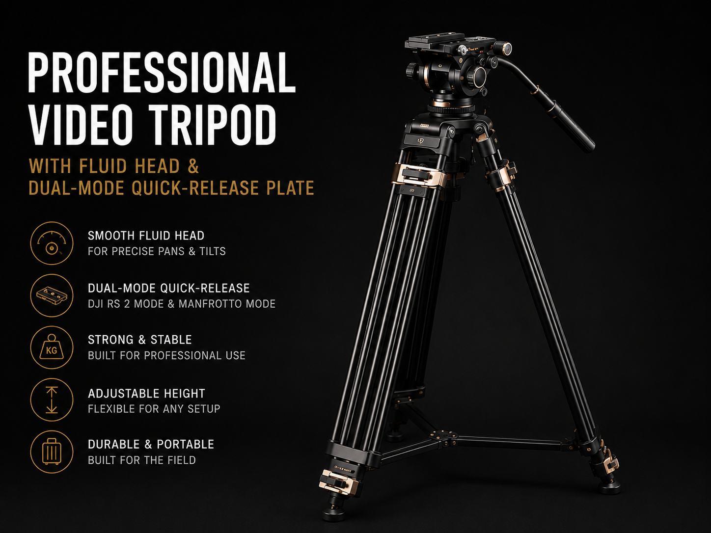 Professional video tripod with fluid head | dual-mode quick-release plate | dji