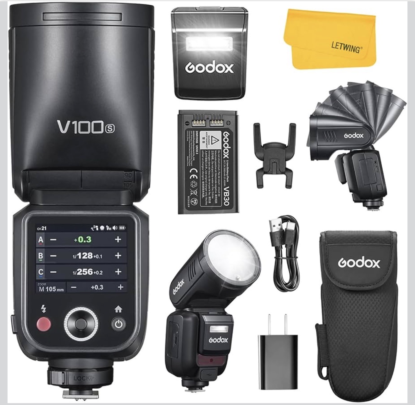 Godox v100s v100 s round head camera flash speedlite compatible for sony, 2.4g wireless hss 1/8000s ttl speedlight strobe with 2980mah li-ion battery, detachable sub flash support type-c