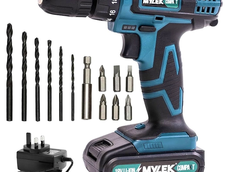 Mylek 18v cordless drill - lithium ion drills driver screwdriver set - 13 piece combi accessory kit - led worklight, 18 volts blue/black