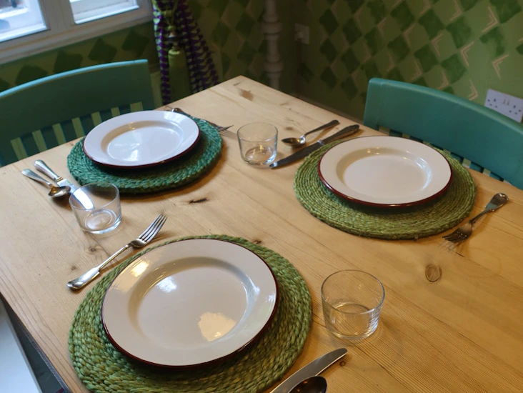 Enamel red and white dinner plates