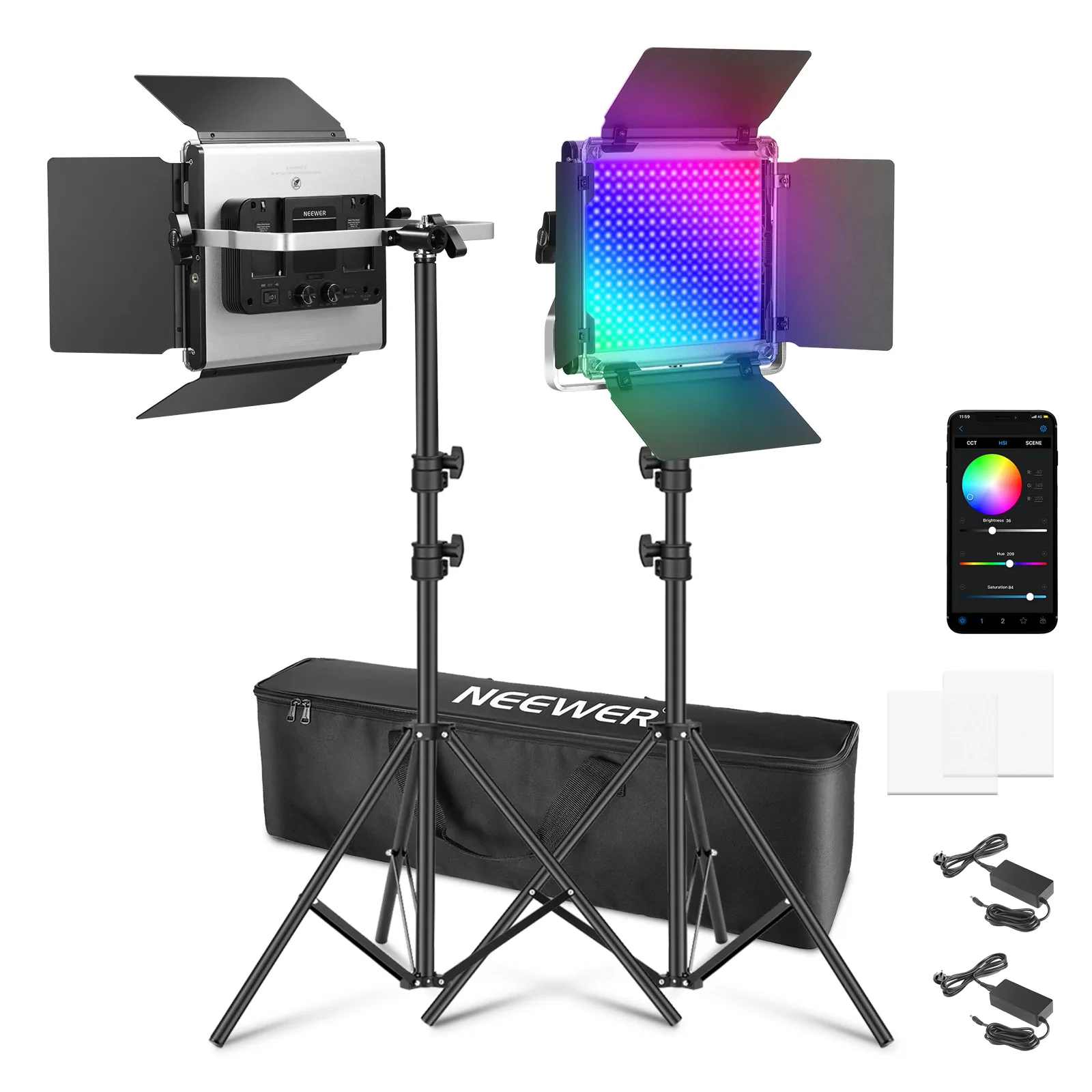 Neewer 660 pro rgb led video light kit (2-pack) with softboxes