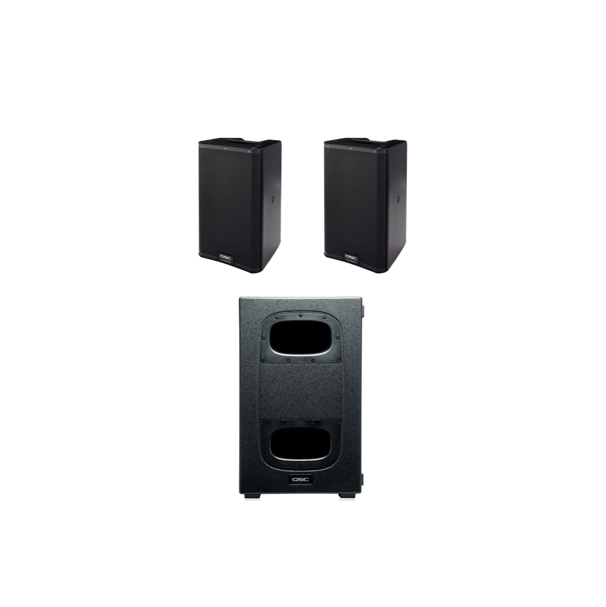 6000w speaker package 2x 12” active pa speakers 1x 2x12” subwoofer bass ( qsc k12.2 + ks212c ) with stands or poles