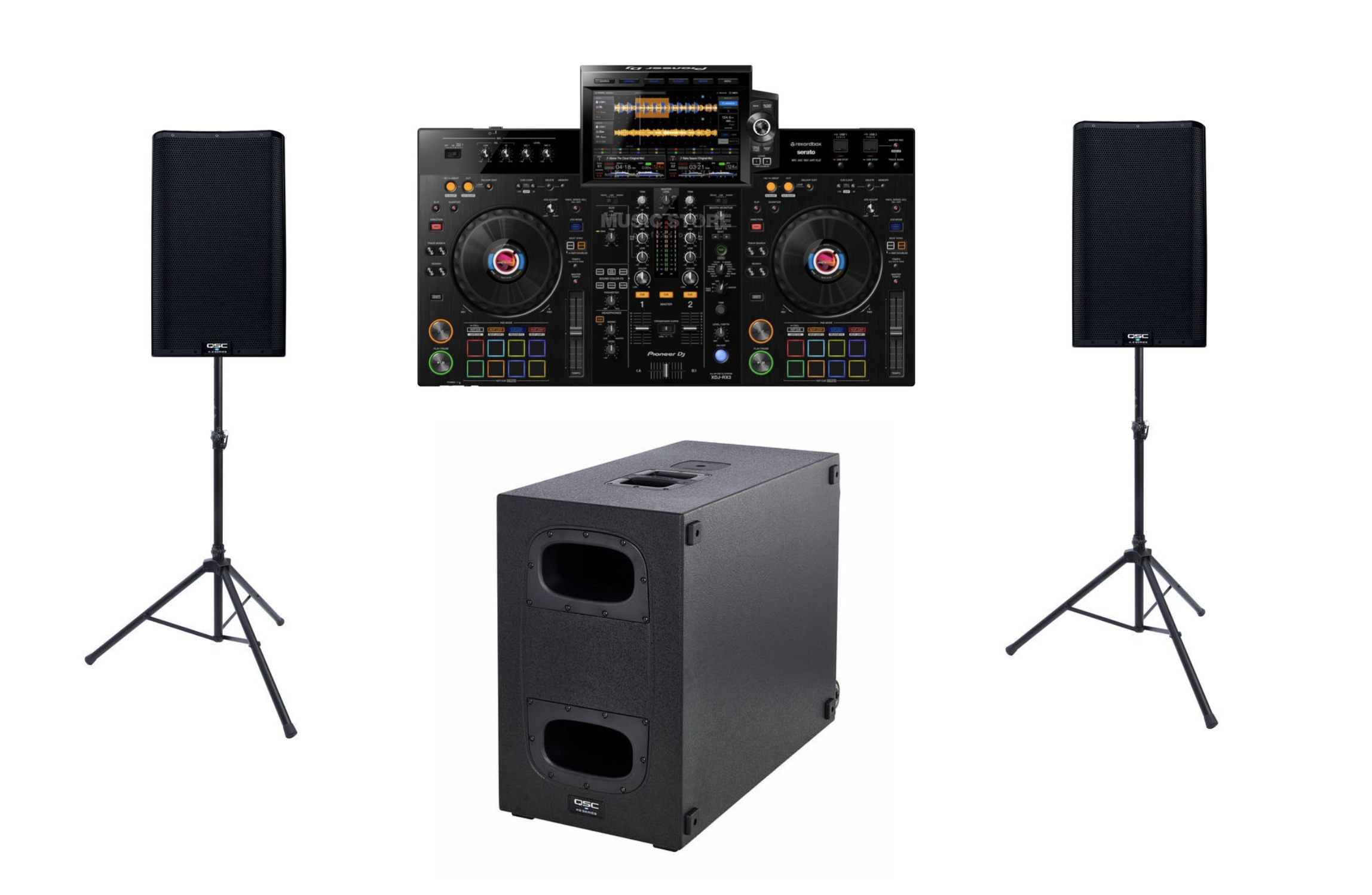 5000w dj package 1x cdj usb laptop serato deck 2x active speakers 1x subwoofer ( qsc k12.2 + pioneer dj xdj rx3)