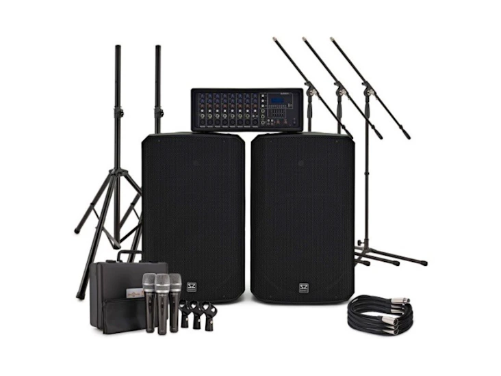 Two large speakers, mixer, multiple mics and amps to plug into