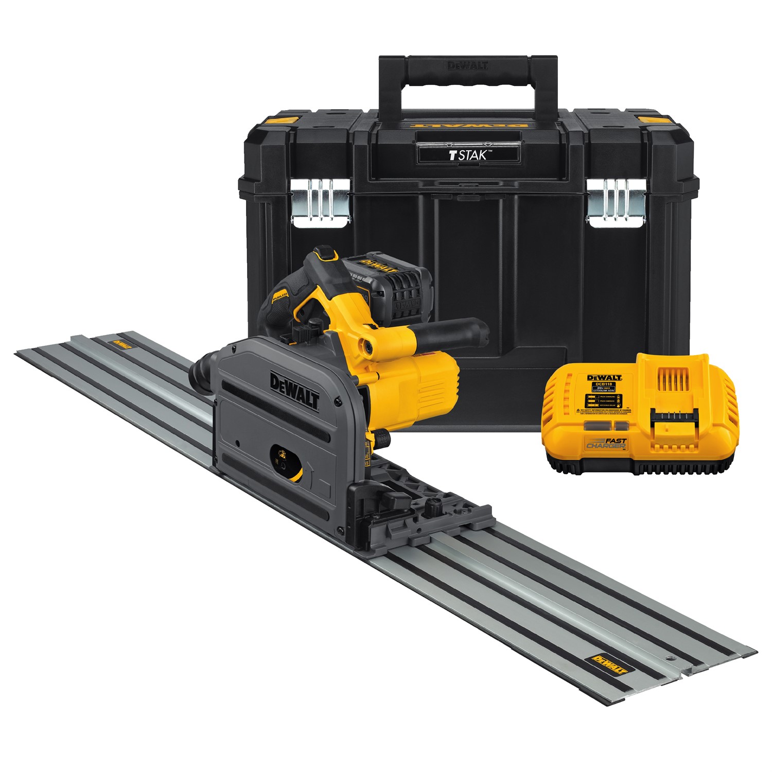 Dykksag med 1,5m føringsskinne — splintfrie snitt i benkeplater, parkett og panel — dewalt flexvolt