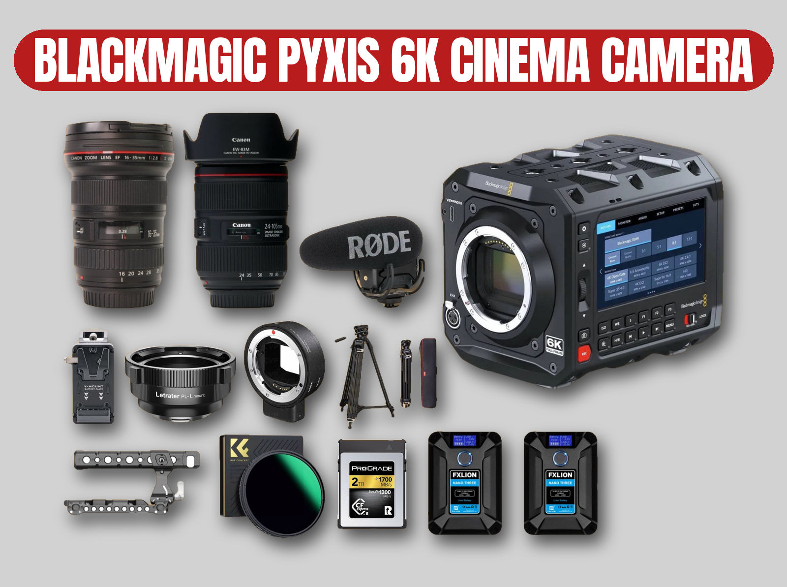 Blackmagic pyxis 6k cinema camera documentary set | full frame raw video kit, canon l-series lenses (24-70mm, 70-200mm), rode mic, tripod, nd, v-mount power (bmpcc 6k pro, canon c300 alternative)