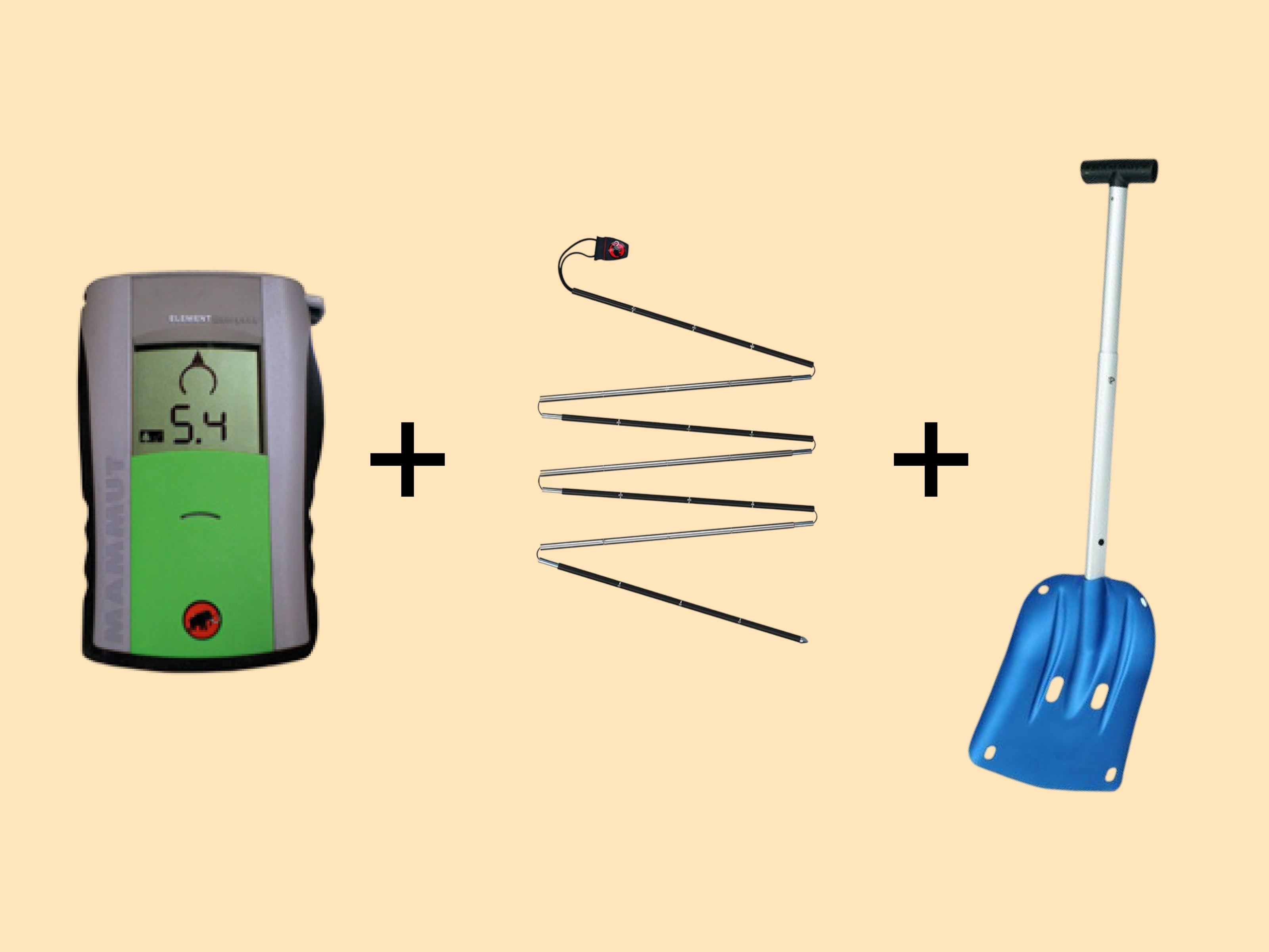 Lavinpaket: transciever (sändere), spade & sond 