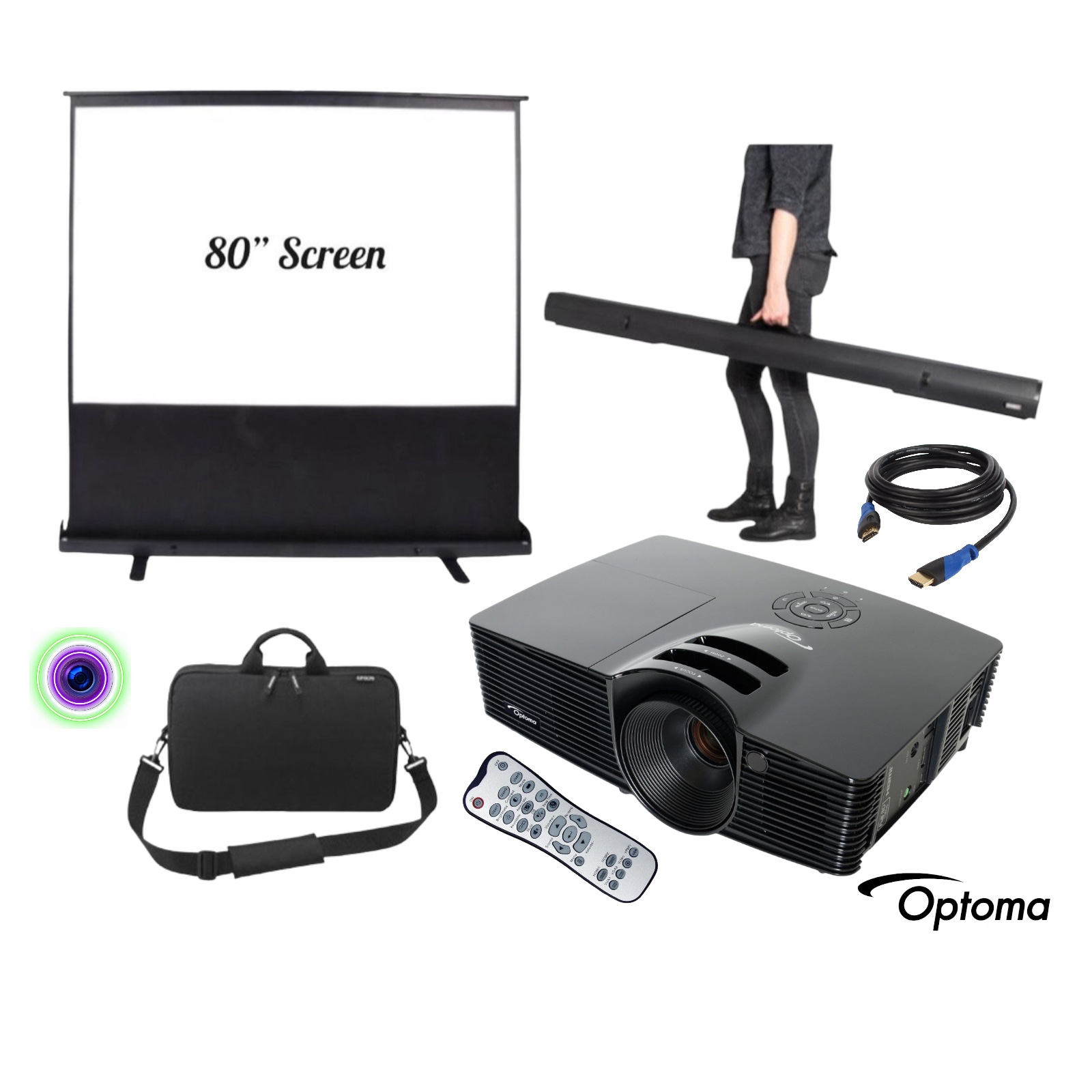 Projector & screen 80" optoma full hd 1080p 3,000 lumen  screen hdmi usb c hd141x