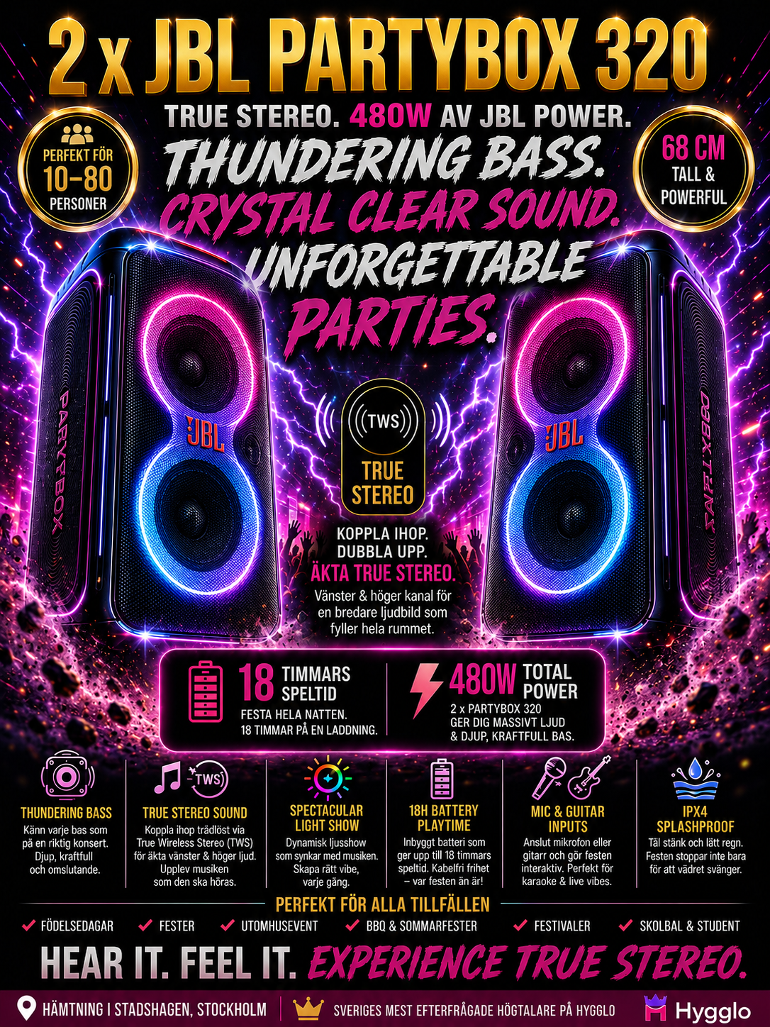 🔥 upp till 100 pers | 2× jbl partybox 320 | äkta true stereo & maxad festkänsla