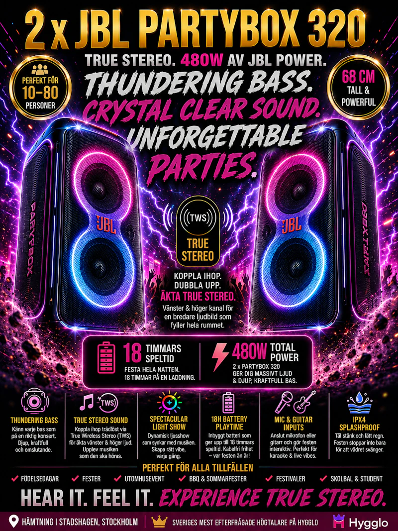 Upp till 100 pers – 2× JBL PartyBox 320 i äkta true stereo