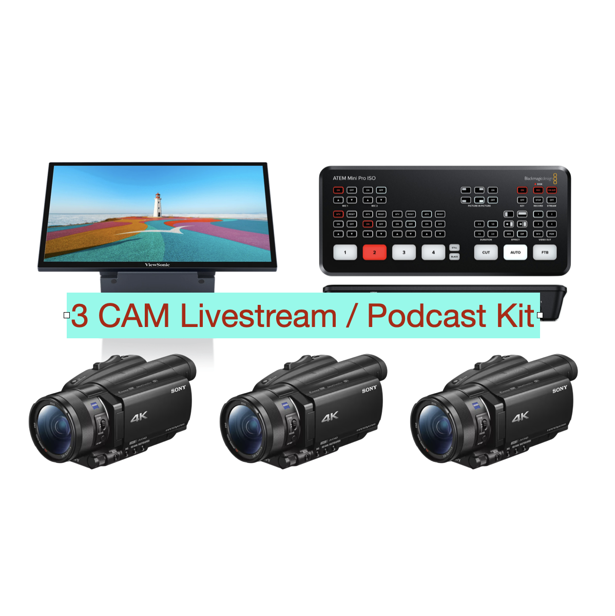 3 camera live streaming / podcast kit ( sony fdr ax700 + 4 channel atem mini pro iso switcher )