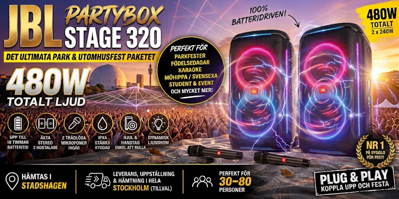 Komplett festpaket – 2× JBL PartyBox 320 + 2 trådlösa mikrofoner