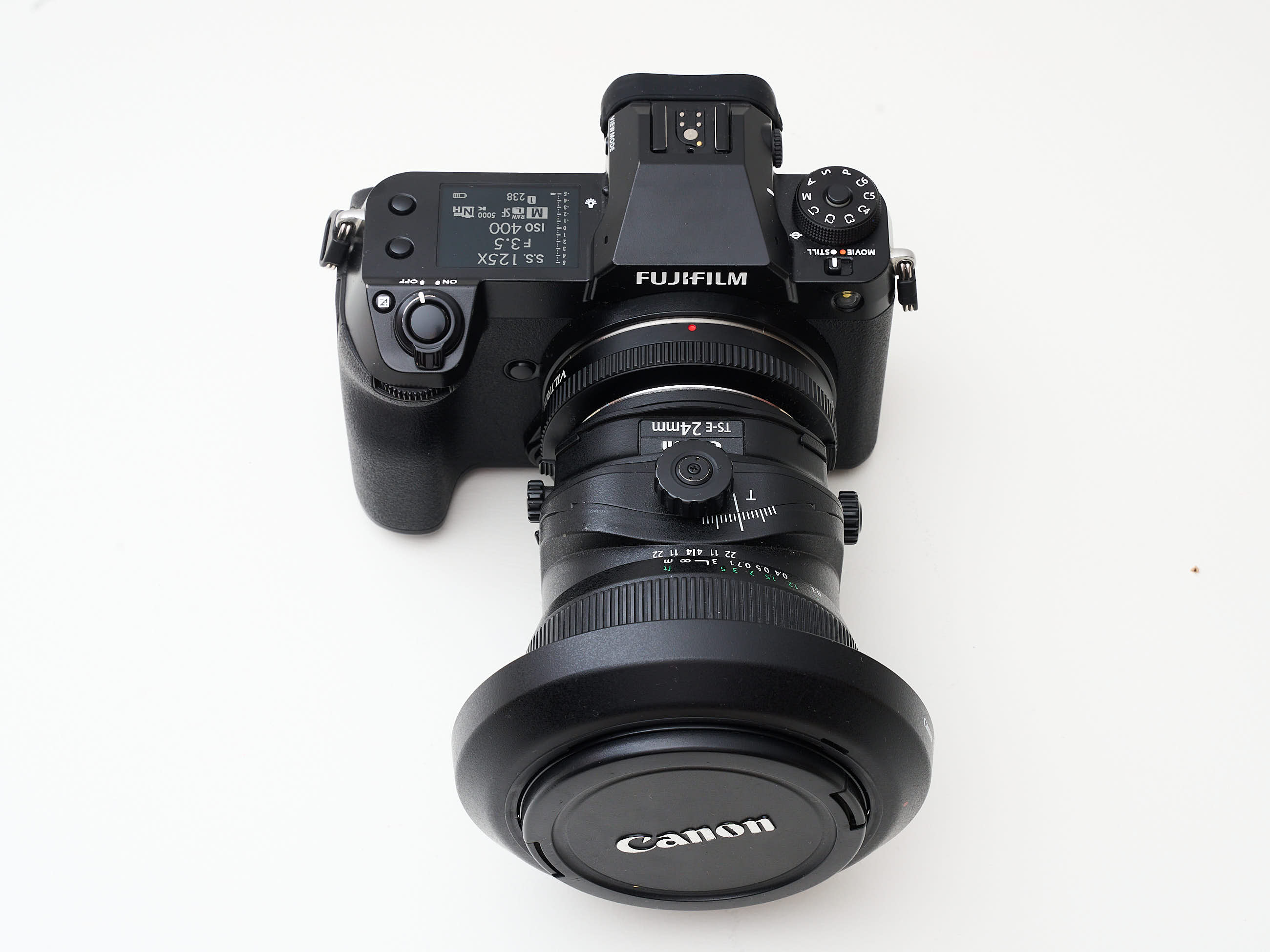 Fuji gfx50sii, gfx to ef adapter, canon ts-e 24mm f3.5l ii lens, raw file link in description