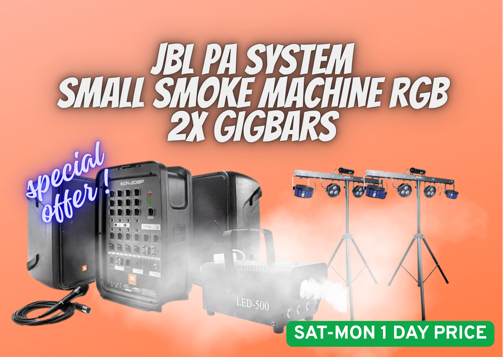 Jbl eon208p portable pa system + 2x chauvet dj gigbar 2.0 led lighting system + smoke machine - party lights 