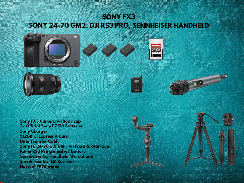 Sony fx3 sony 24-70 gm2, dji rs3 pro, sennheiser handheld