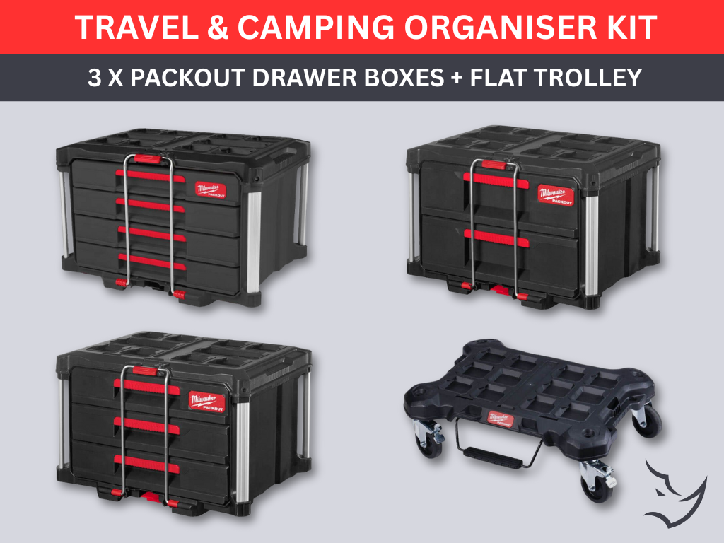 Travel & camping organiser kit, milwaukee 3 x packout drawer boxes + flat trolley, set
