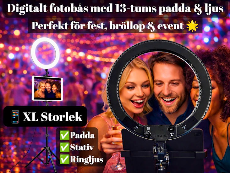 📸✨ digitalt fotobås med 13-tums padda & ringljus – perfekt för fest, bröllop & event