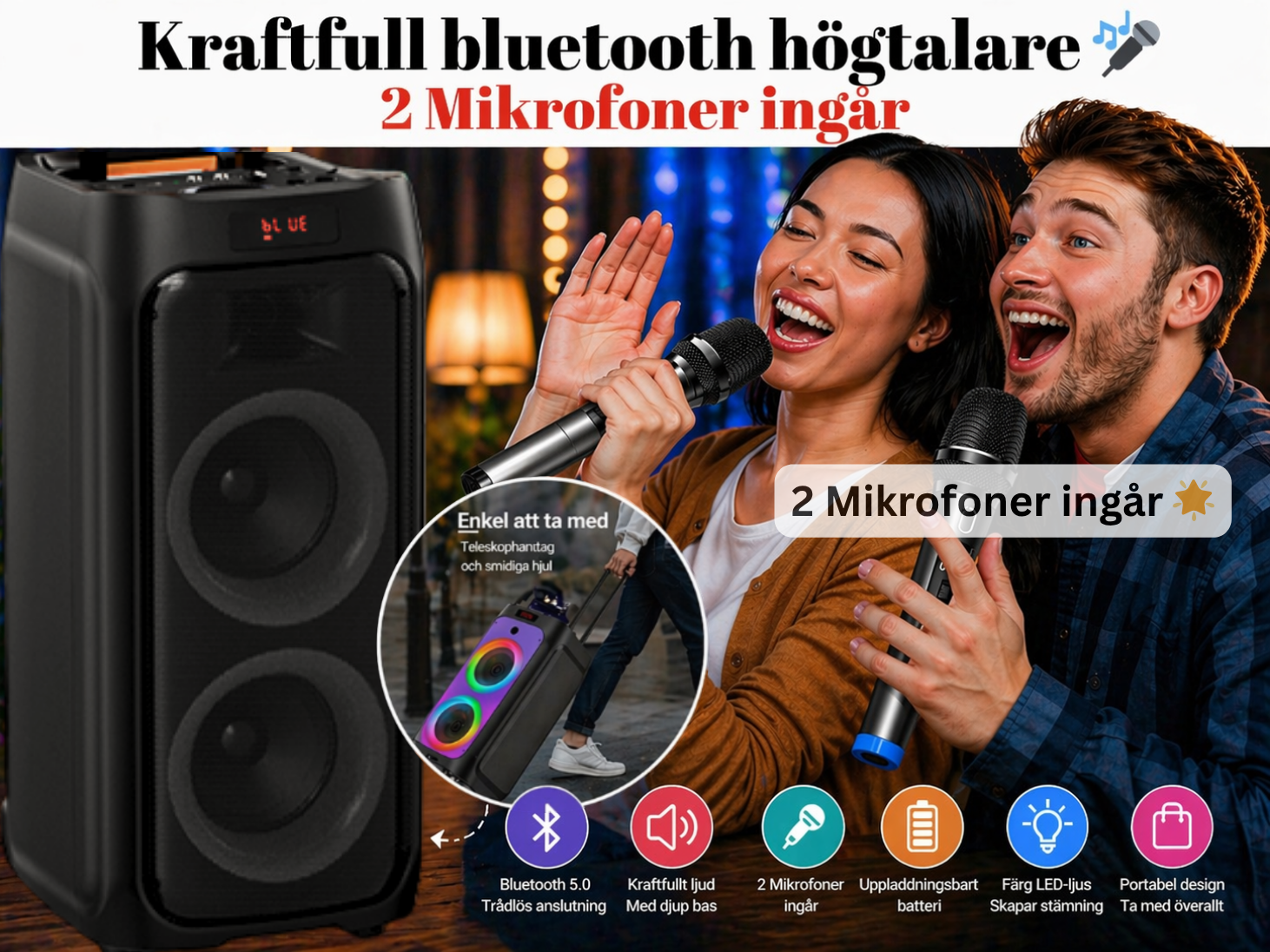 3#: portabel/bärbar högtalare med mikrofoner - karaokefunktion extra tryck, super smidigt!