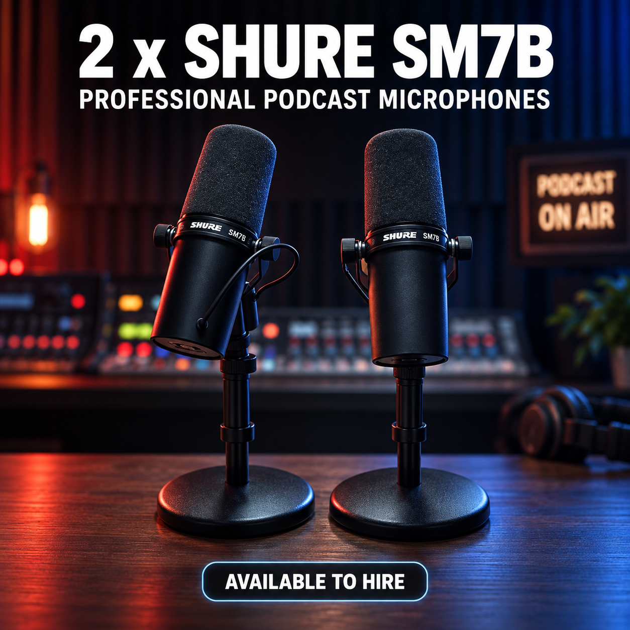 2× shure sm7b professional podcast & studio microphones with stands