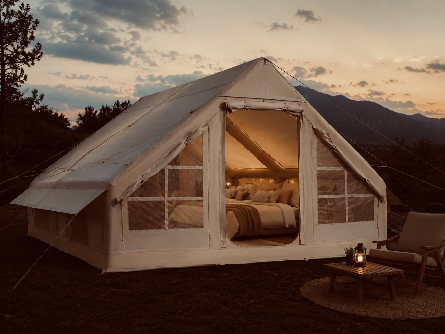 Uppblåsbart glampingtält + 2 dubbelsängar – 4x3m