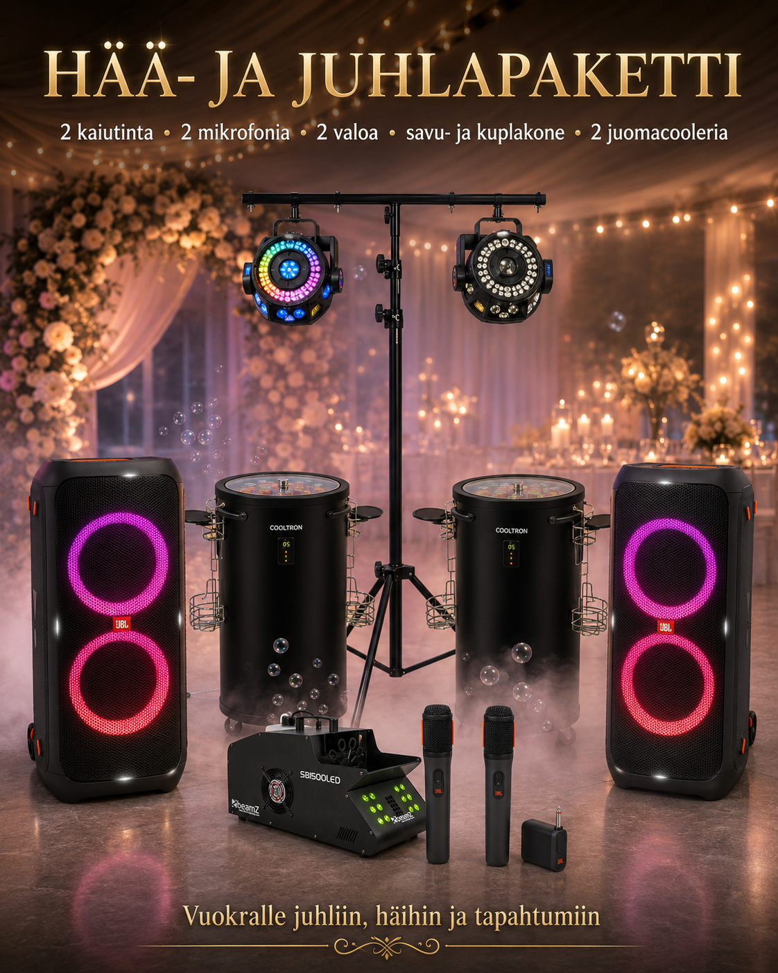 💍✨ hää- ja juhlapaketti vuokraan ✨💍
🎤🔊🌈💨🫧🧊