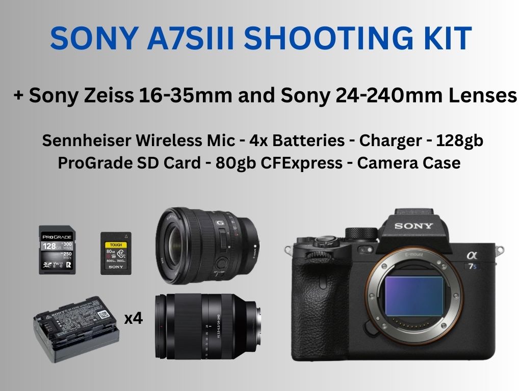 Sony a7s iii plus sony 16-35mm and 24mm-240mm zoom lenses.