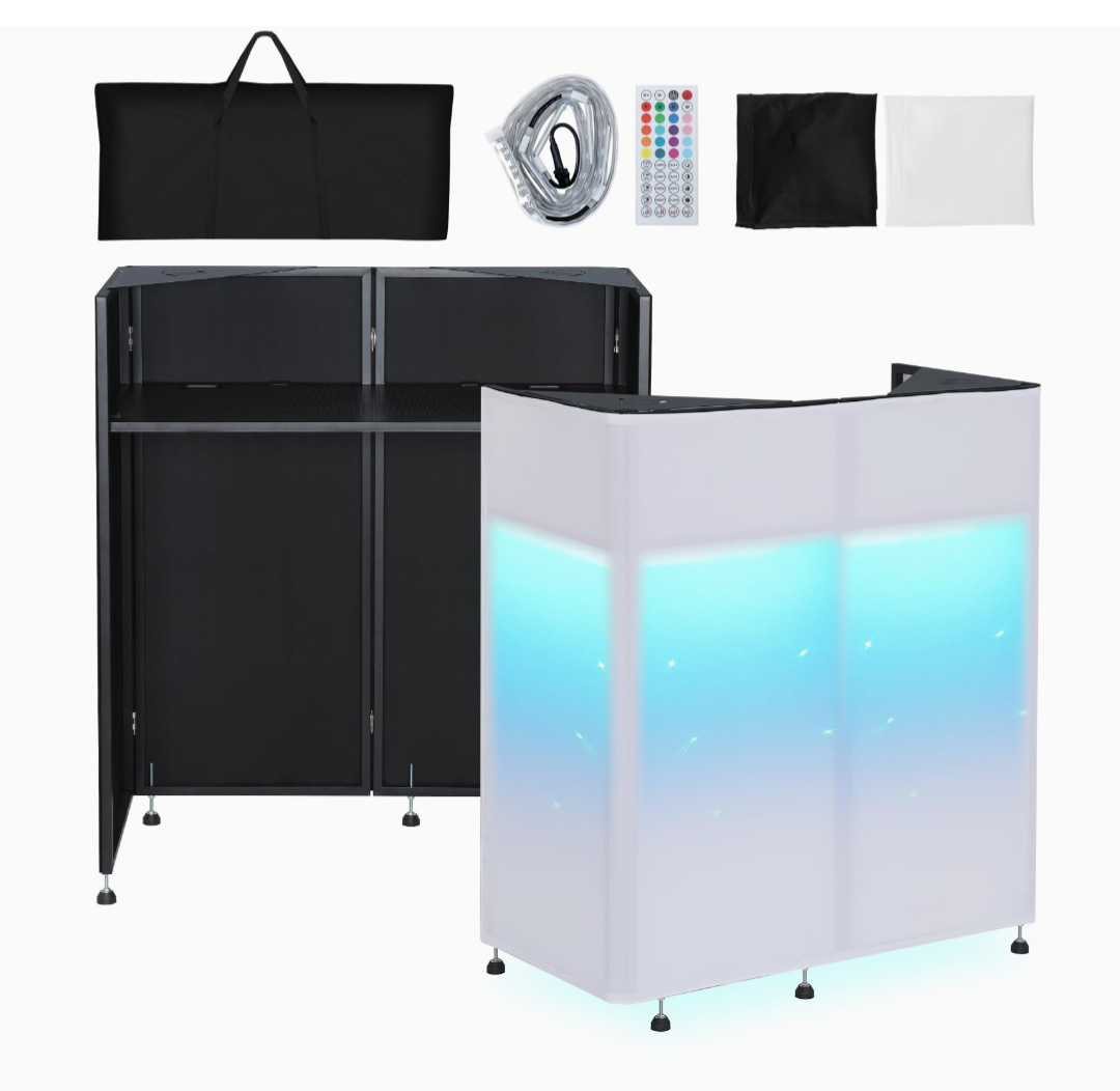 Kokorona portable dj booth 108 x 51x 115 cm with dual top corners, dj facade booth with cable hole, dj table stand with light strip and remote control, metal frame + black & white scrims + carry bag