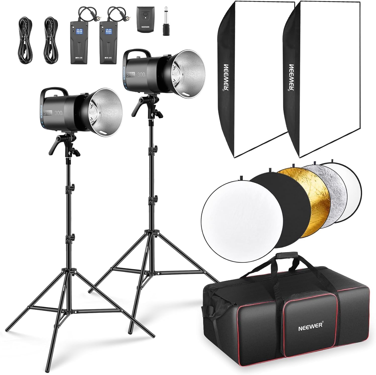 Neewer 600w studio monolic flash set 2 pack s101-300w 5600k flashes with 150w adjustment lights/bowens holder/softboxes/stand reflector/rt-16 trigger/bag