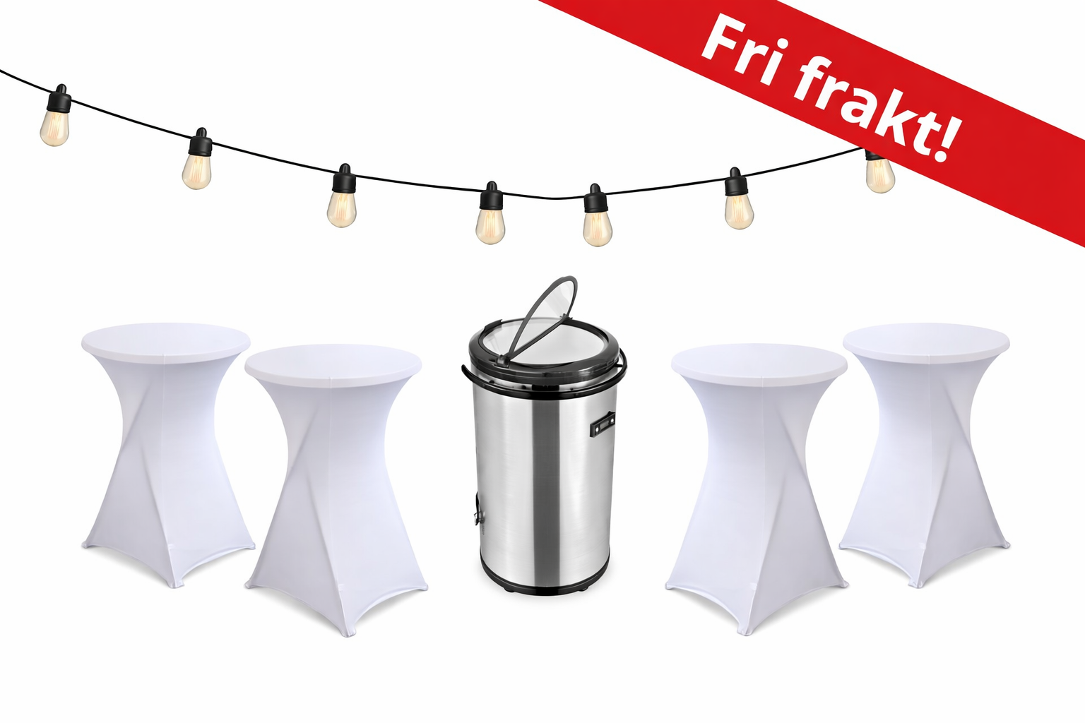 4 ståbord med överdrag, en partycooler, ljusslingor
