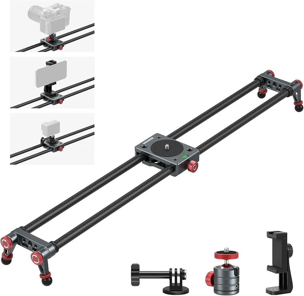 Neewer 24in/60cm carbon fiber camera slider with 360° ball head/phone clamp/action camera mount, dolly rail track with 4 bearings & adjustable legs, compatible with gopro insta360 iphone android, cs2m