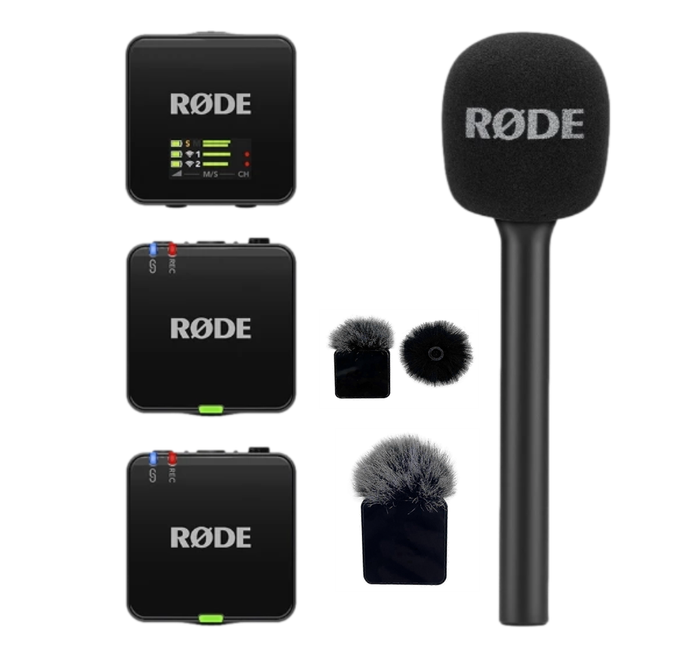 Røde wireless go gen3 trådløst mikrofonsystem (2 tx + 1 rx) + interview go håndholdt adapter
