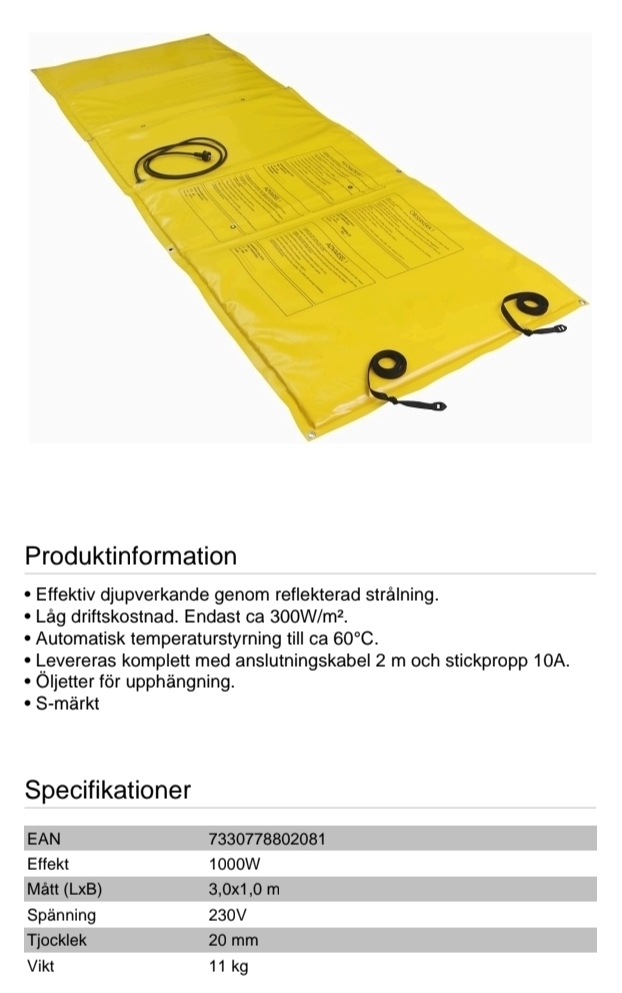 Värmematta 1000w, 230volt