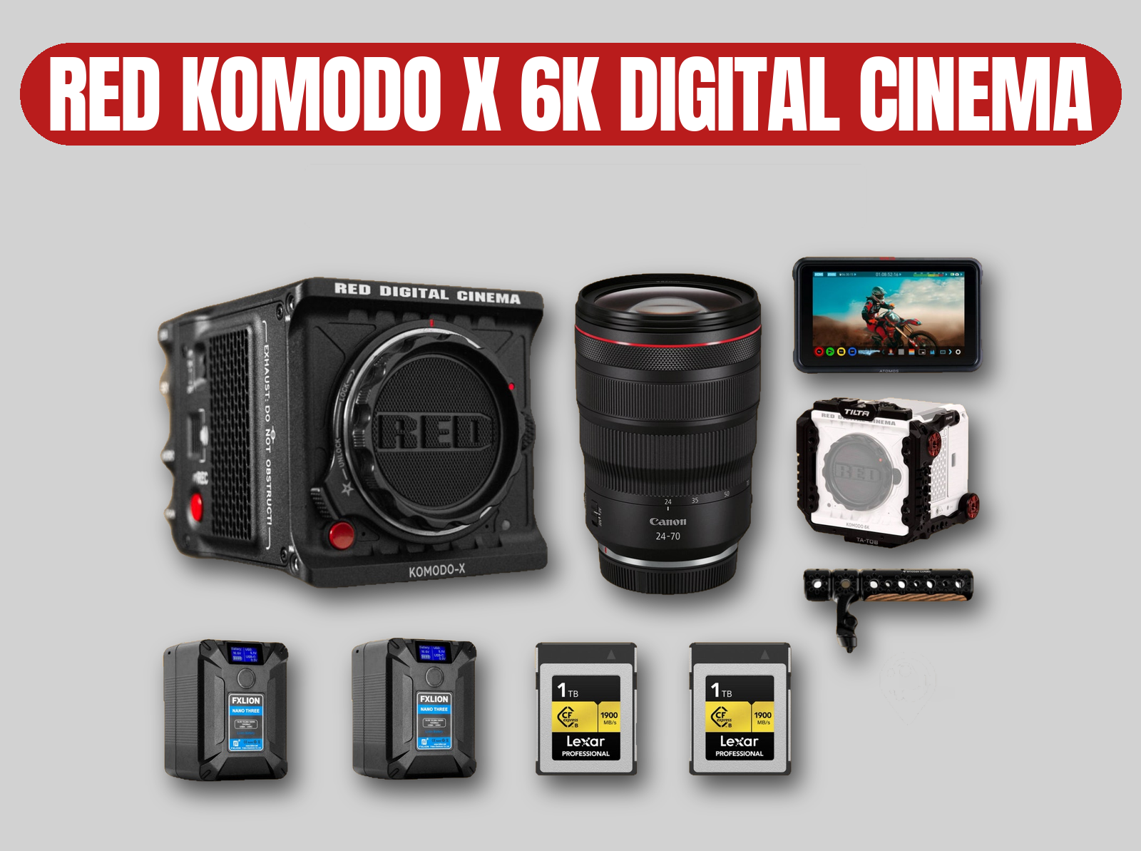 Red komodo x 6k dsmc 3 digital cinema camera kit | canon rf 24-70mm f2.8 lens | atomos 4k monitor | v-mount power | 1tb cfexpress storage | arri