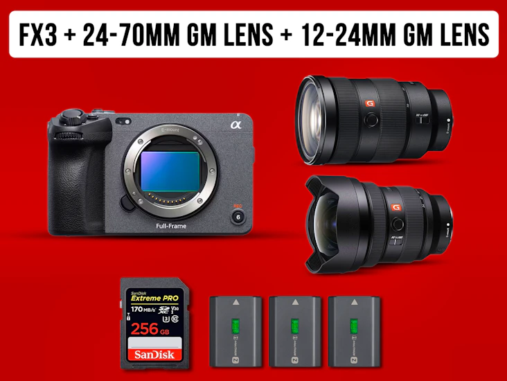 Sony fx3 full frame camera + 12-24mm g master zoom lens + 24-70mm g master zoom lens lens