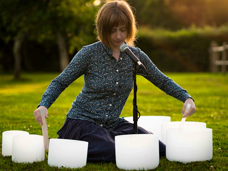 Seven crystal singing bowls, perfect pitch a=440hz