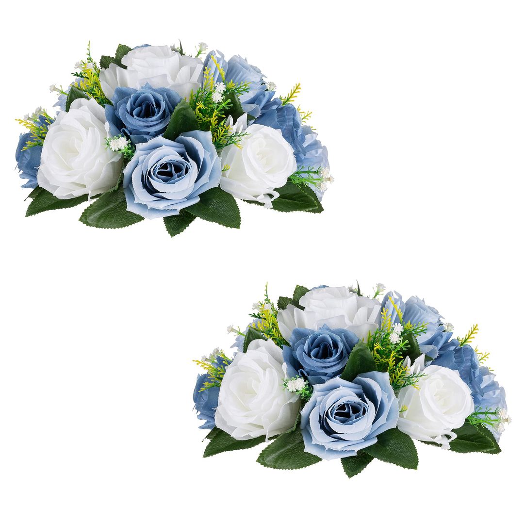 Artificial flower ball arrangement, 2 pcs blue & white faux flower bouquets