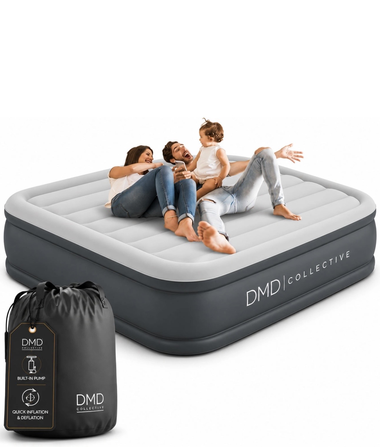 Double inflatable air mattress self inflating/deflating with built-in pump
