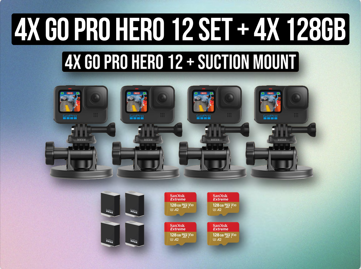 4x go pro hero 12 set + 4x 128gb sd card + 8x batteries + suction mounts