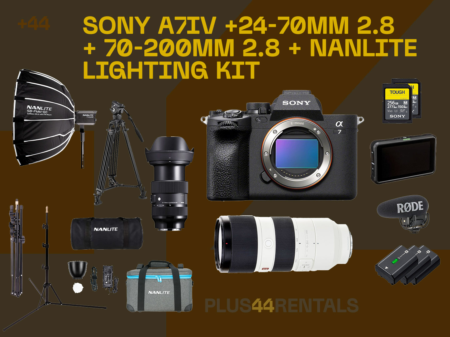 Sony a7 iv + 24–70mm f/2.8 + 70–200mm f/2.8 + nanlite lighting kit | hybrid photo + video setup