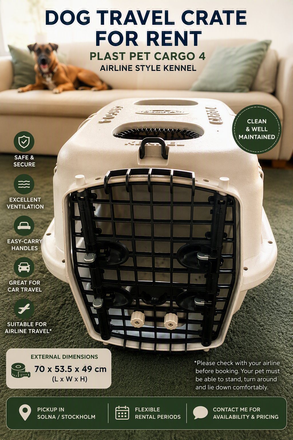 Dog travel crate for rent – plast pet cargo 4 (small & medium dogs) 🐶✈️🚗