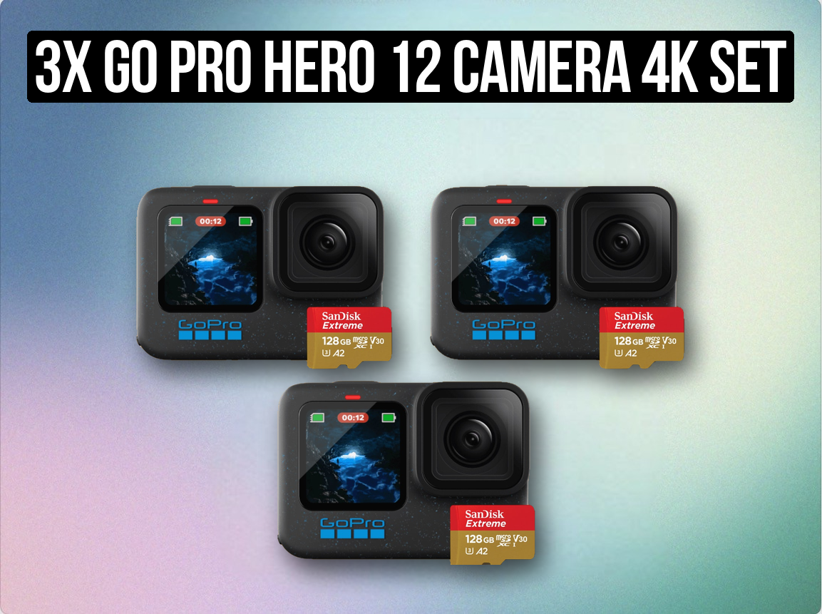 3x go pro hero 12 camera 4k set + 6x batteries + 3x 128gb sd cards