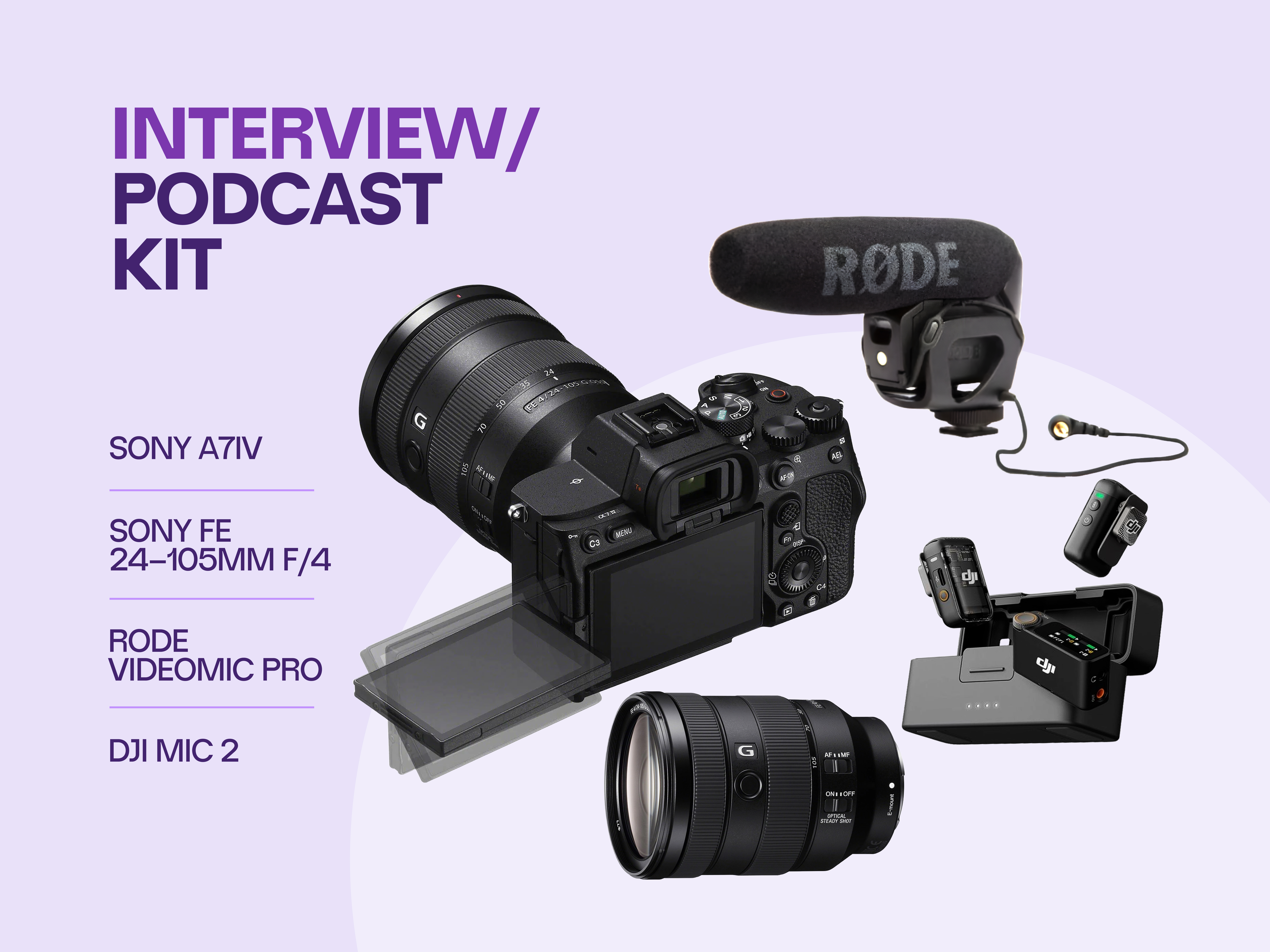 Interview/podcast kit - sony a7iv + sony fe 24-105mm f/4 lens + rode videomic