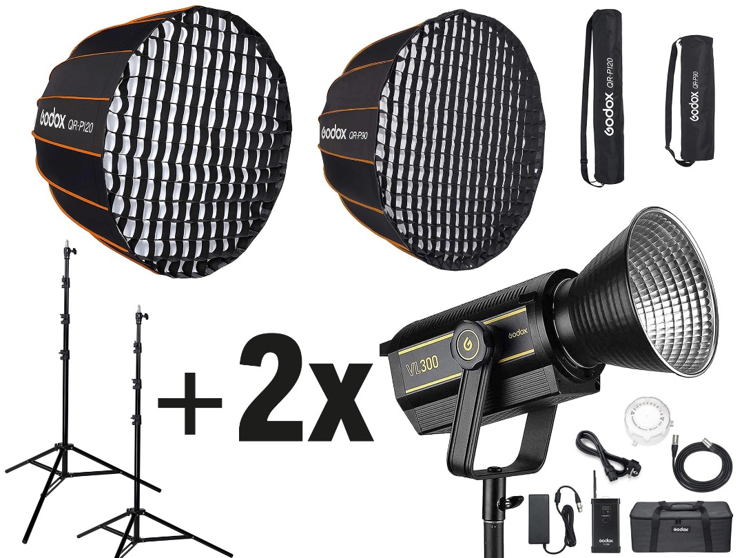 2 x studioljus m parabolisk softbox & stativ